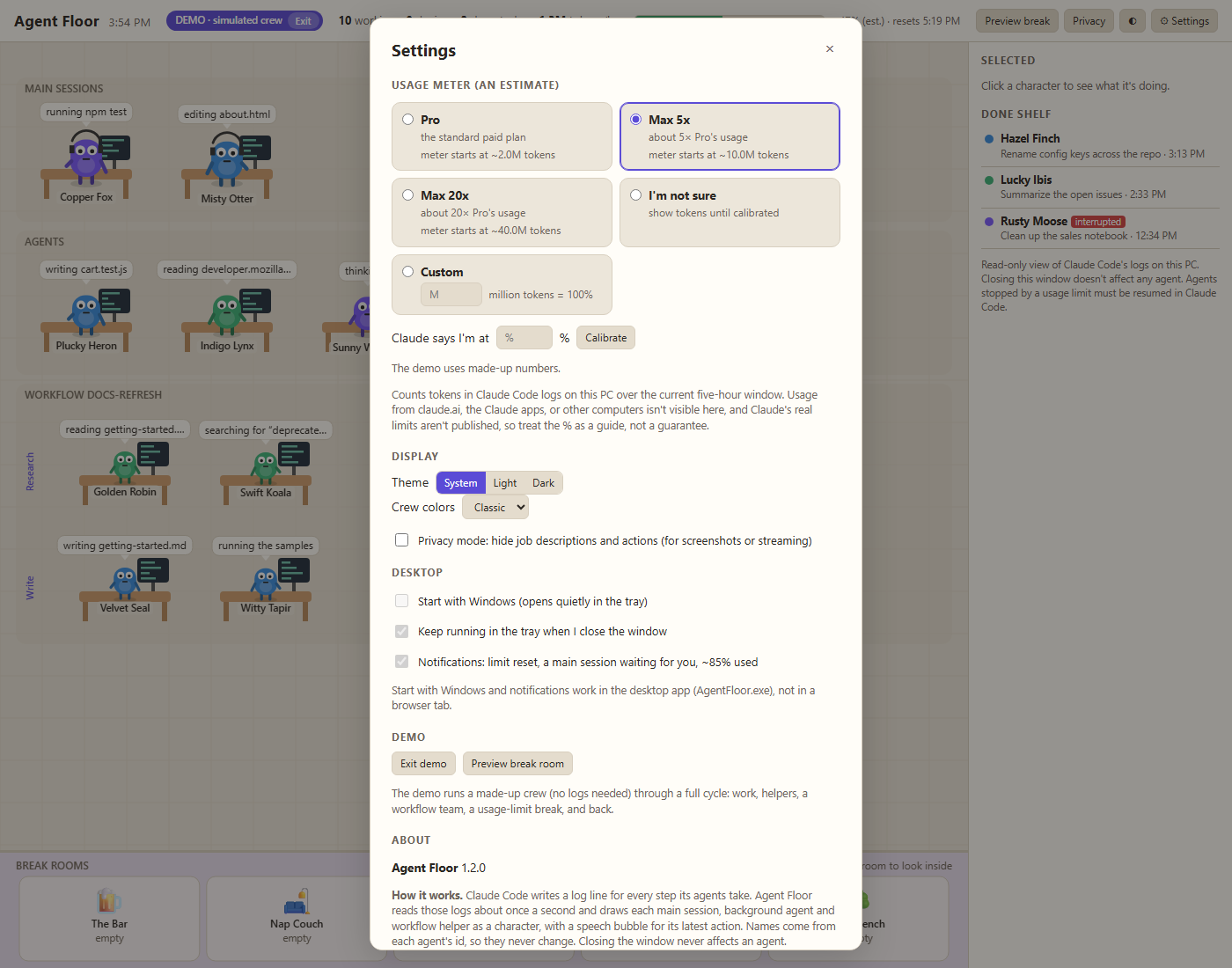 The Agent Floor settings panel with plan picker, privacy mode, tray and startup options.