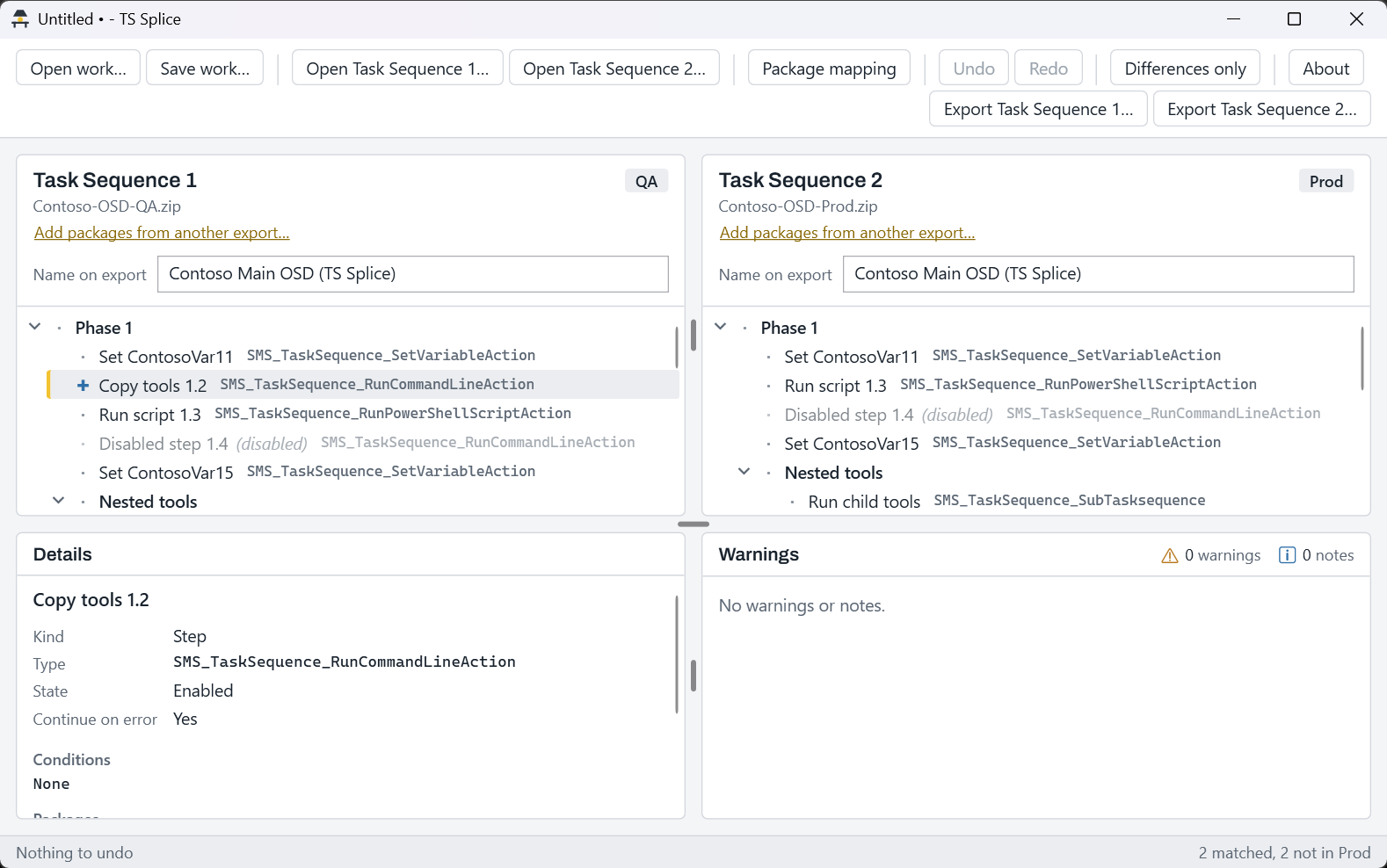 TS Splice with two task sequences side by side, QA on the left and Prod on the right. A Copy tools step is marked as only in QA, with its details and the warnings panel below.