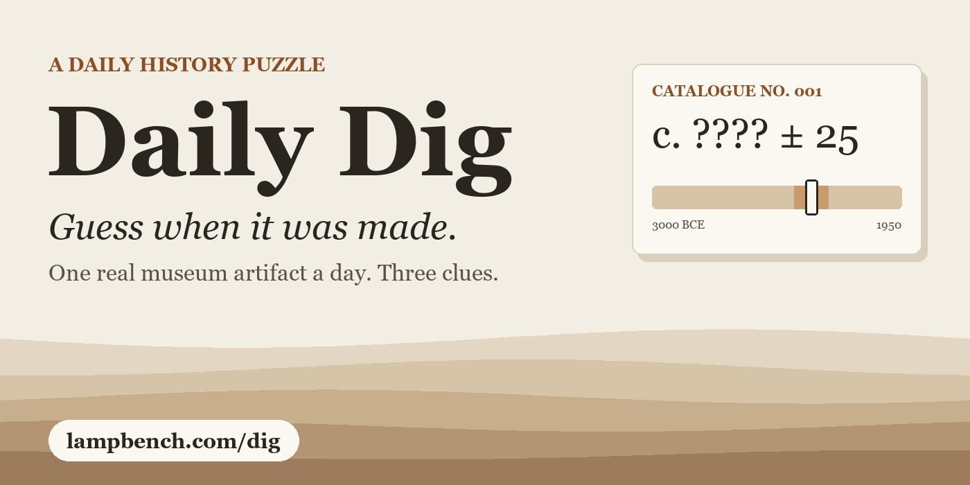 Daily Dig: guess when it was made. A catalogue card with a timeline slider over layers of earth.